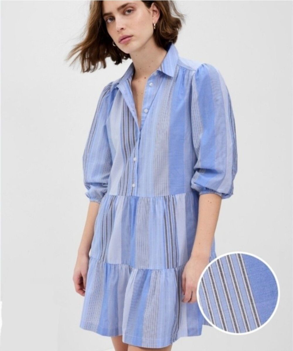 Gap Blue Striped Tiered Puff Sleeve Mini Shirt Dress SMALL Patchwork Preppy